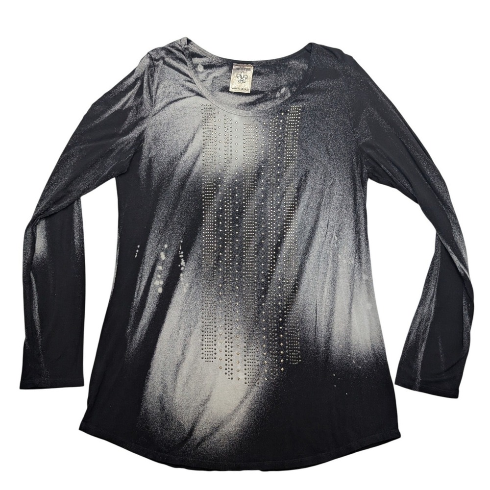 Vocal Long Sleeve Top Womens‎ L Black Acid Wash Rhinestone Edgy Boho